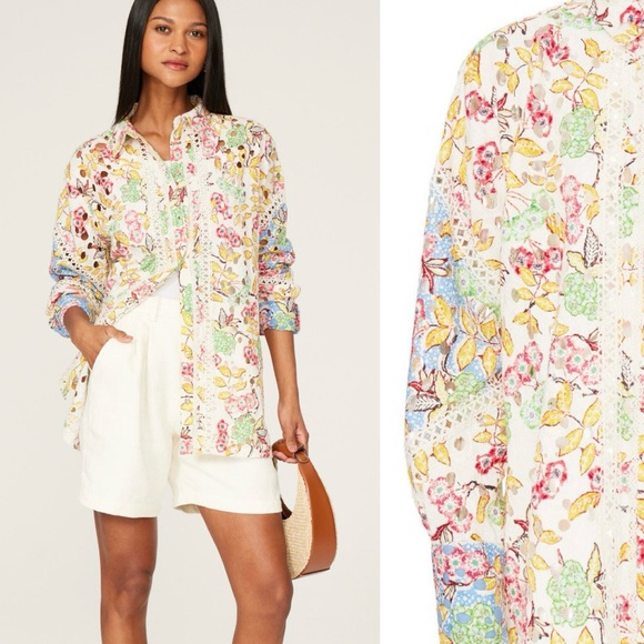 Hemant & Nandita Floral Long Sleeve Embroidered Cutout Shirt Top Size Large / XL - Picture 1 of 15